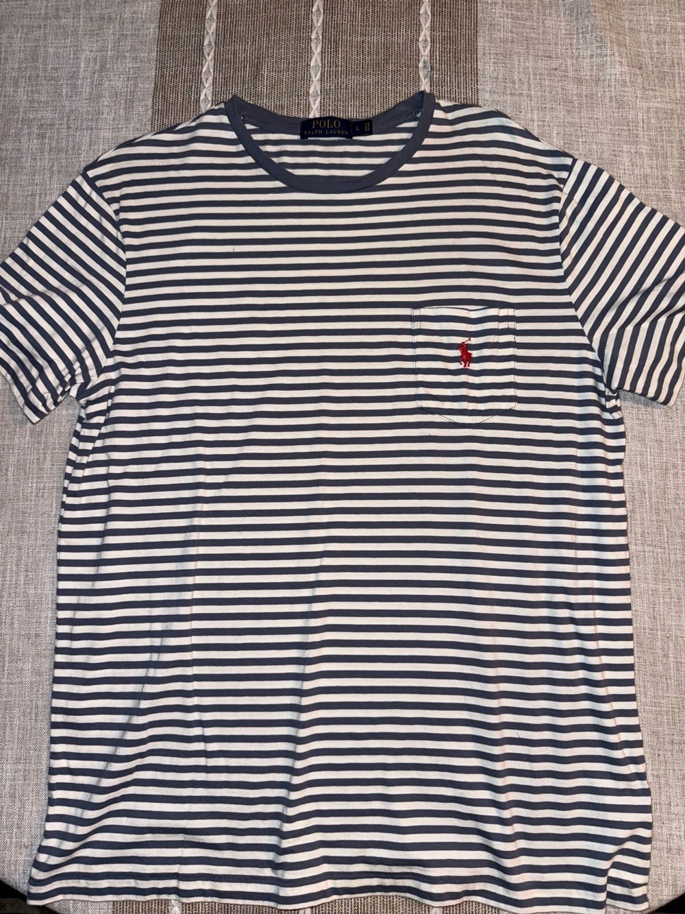 Polo by Ralph Lauren Navy & White Striped Pocket Tee with Red Pony